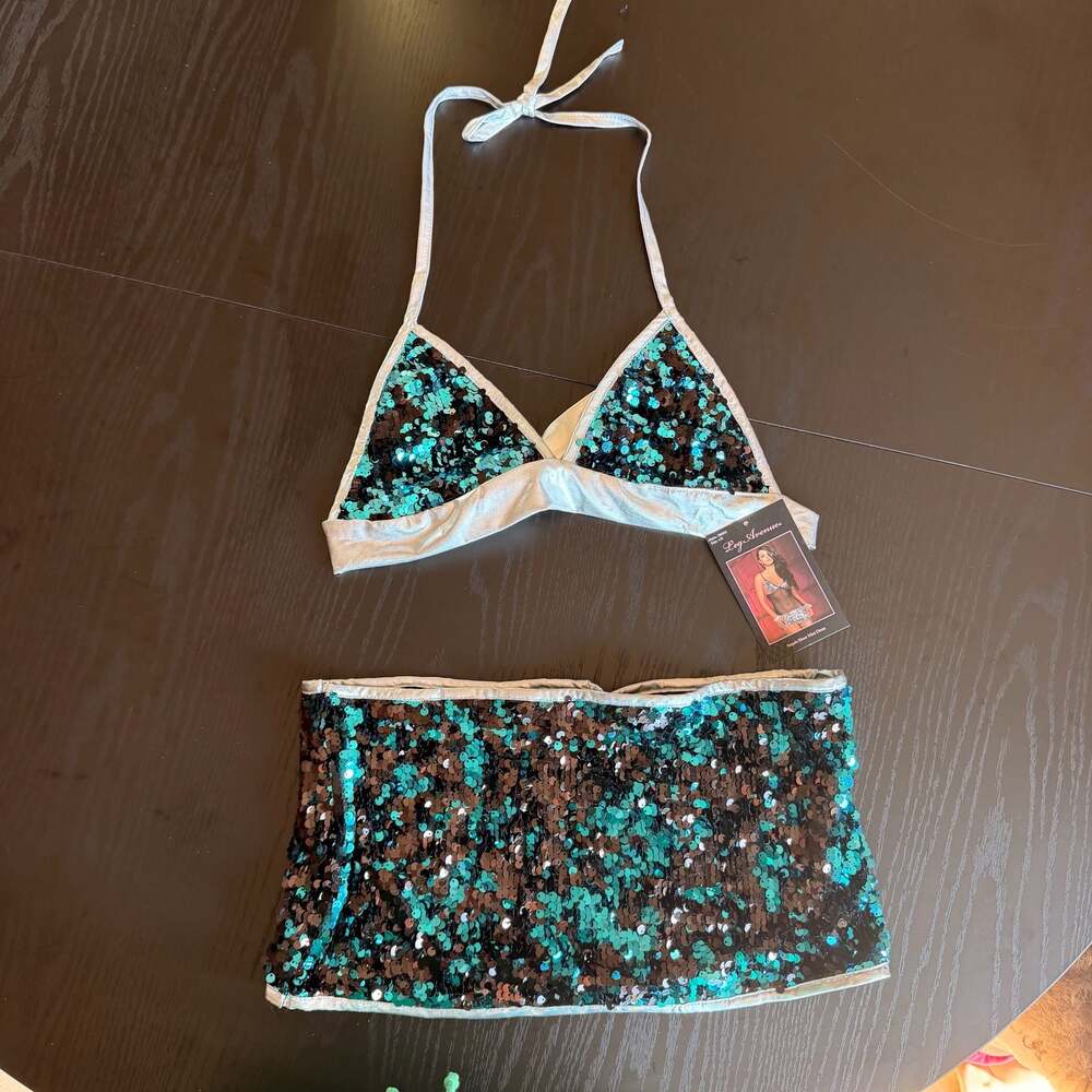 Leg Avenue Sequin Mini Dress Set L/G Teal Black Silver Deadstock Y2K